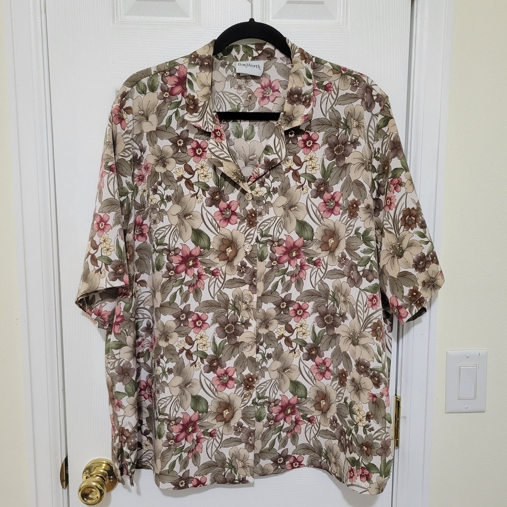 BonWorth Floral Button Up‎ Blouse Short Sleeve Brown Pink Tan Vintage Style Top